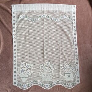 2 Vintage Lace Curtain Panels 28x39 White Green Floral Garden Cottagecore
